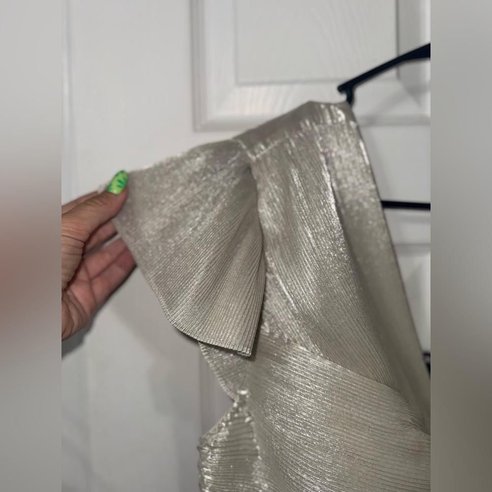 Express Metallic Pleated Flutter Sleeve Cropped Top - Picture 4 of 6